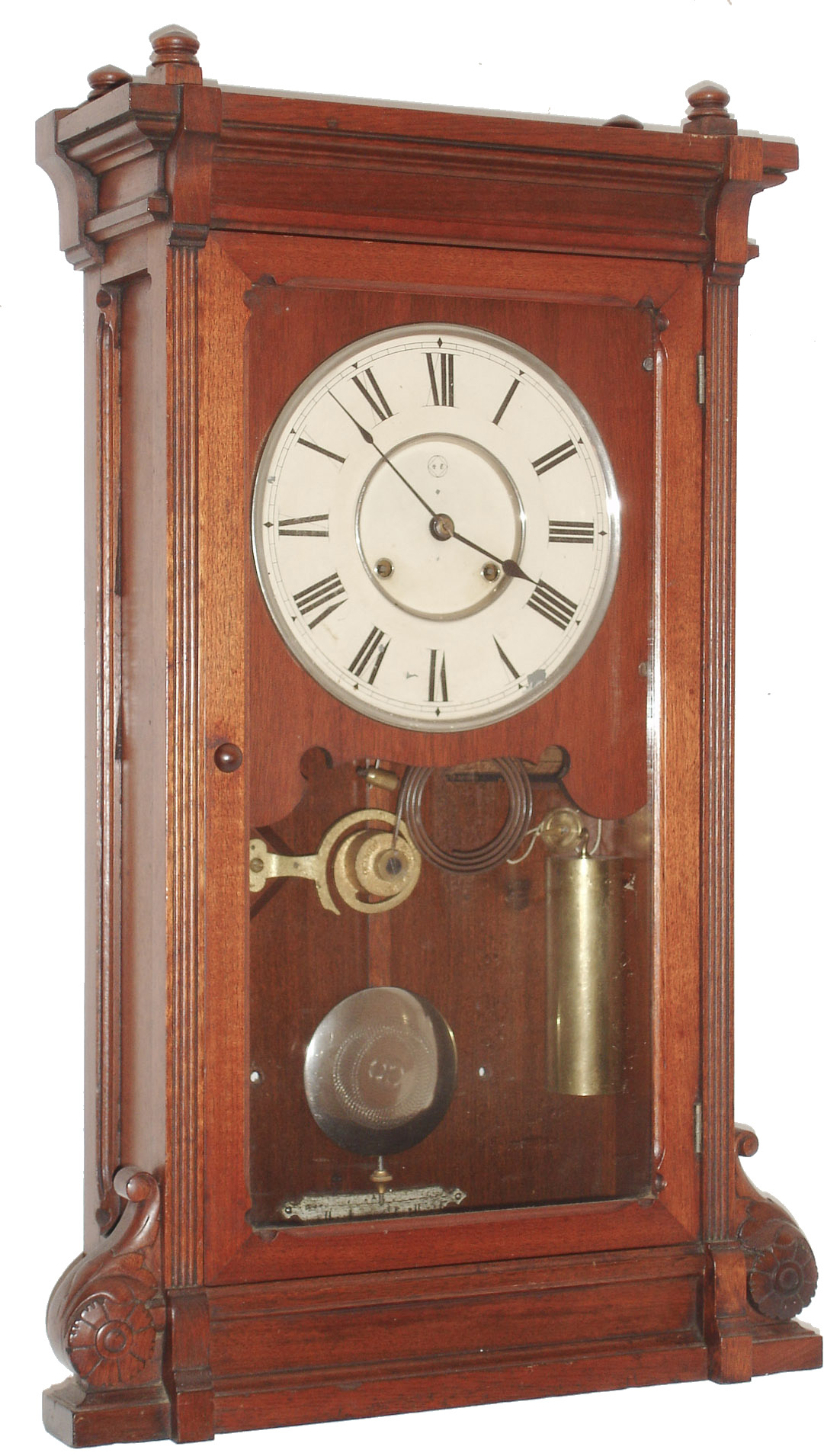 Seth Thomas Clock Co., Thomaston, Conn., "Lincoln" 8 day, time and strike, weight driven movement, painted dial,  damascened nickel plate pendulum bob and brass weights, shelf clock in walnut, c1896 — Antique Clocks Price Guide