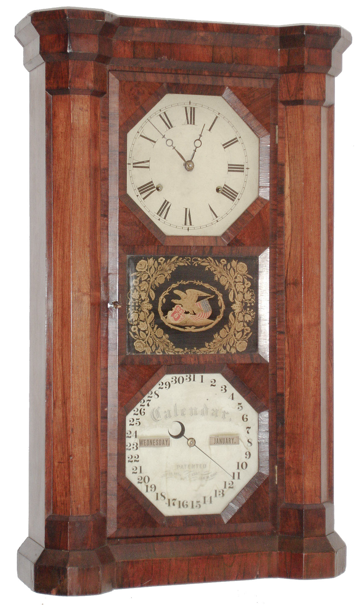 Seth Thomas Clock Co., Plymouth Hollow, Conn., "8 Day Parlor Calendar" rosewood weight driven double dial shelf clock, c1863 — Antique Clocks Price Guide