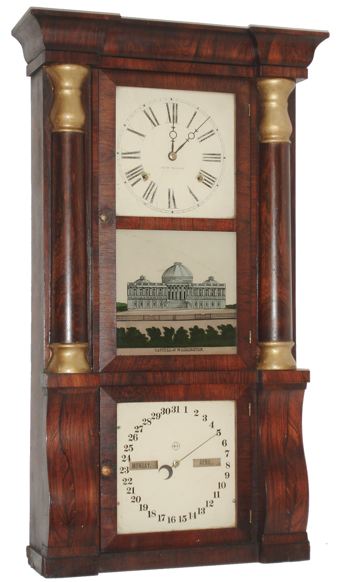 Seth Thomas Clock Co., Plymouth Hollow, Conn., "Gilt Cap Column Calendar", 8 day, time and time, weight rosewood veneered column and cornice calendar shelf clock, c1865 — Antique Clocks Price Guide