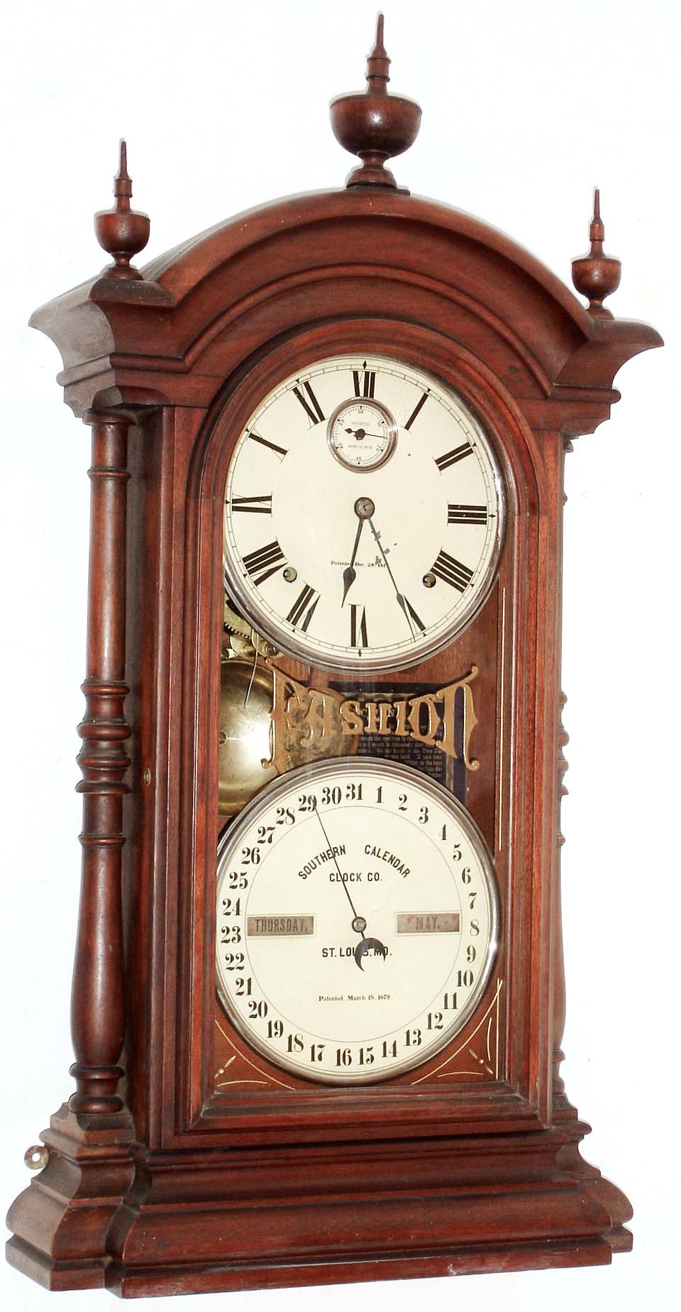 Southern Calendar Clock Company "Fashion No. 4", 8 days, time and strike, double dial calendar shelf clock. c1880 — Antique Clocks Price Guide