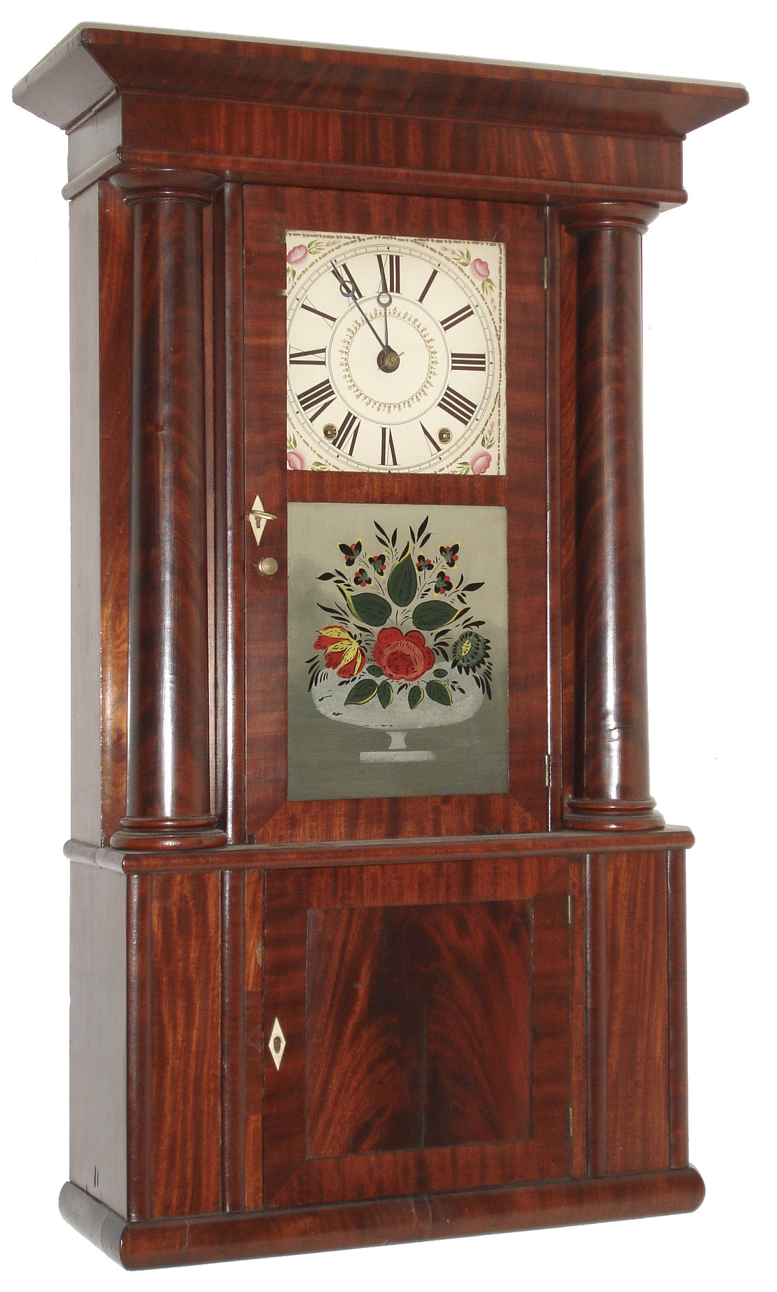Rodney Brace, North Bridgewater, Mass., 30 hour, and strike, weight wooden movement column and cornice shelf clock. c1830 — Antique Clocks Price Guide