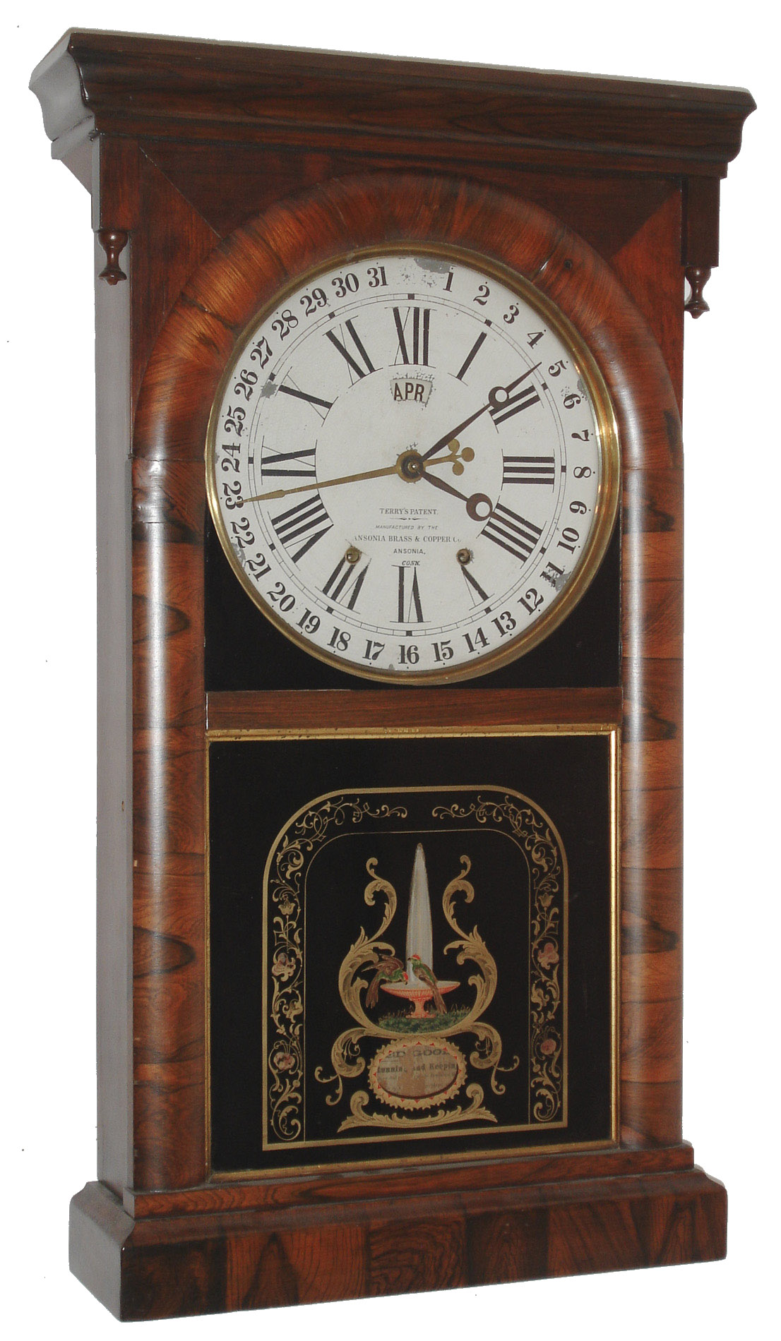 Ansonia Brass and Copper Co., Ansonia, Conn., "Terry's Patent Calendar", 8 day, time and strike, weight rosewood veneered shelf clock. c1870 — Antique Clocks Price Guide