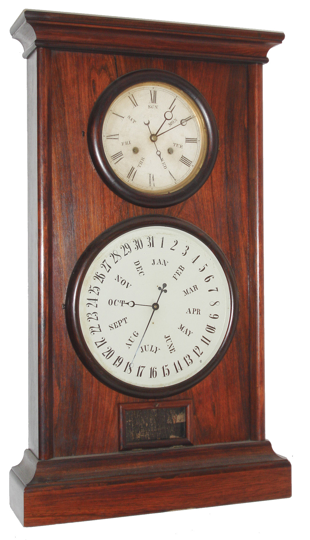 L.F. and W.W. Carter, Bristol, Conn., "Calendar No. 8", 8 days, double weight, time and calendar, double dial shelf clock with BB Lewis perpetual calendar, c1865 — Antique Clocks Price Guide