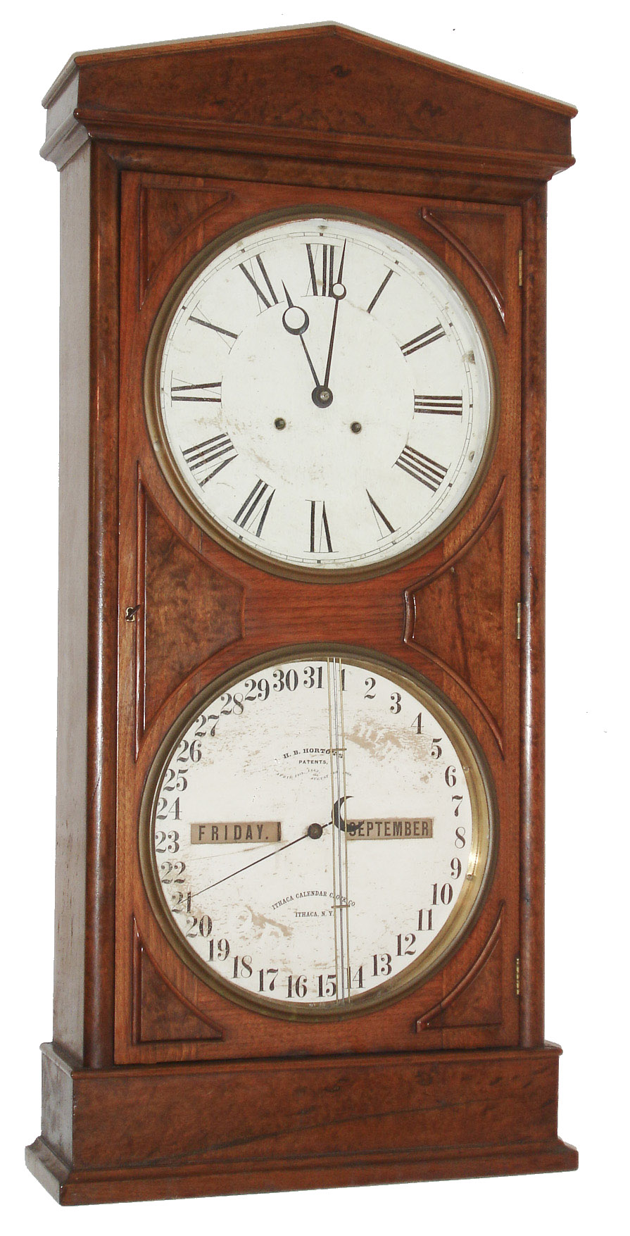 Ithaca Calendar Clock Co., Ithaca, NY, "No. 3 Regulator", 8 day, double weight double dial calendar shelf timepiece, c1875 — Antique Clocks Price Guide