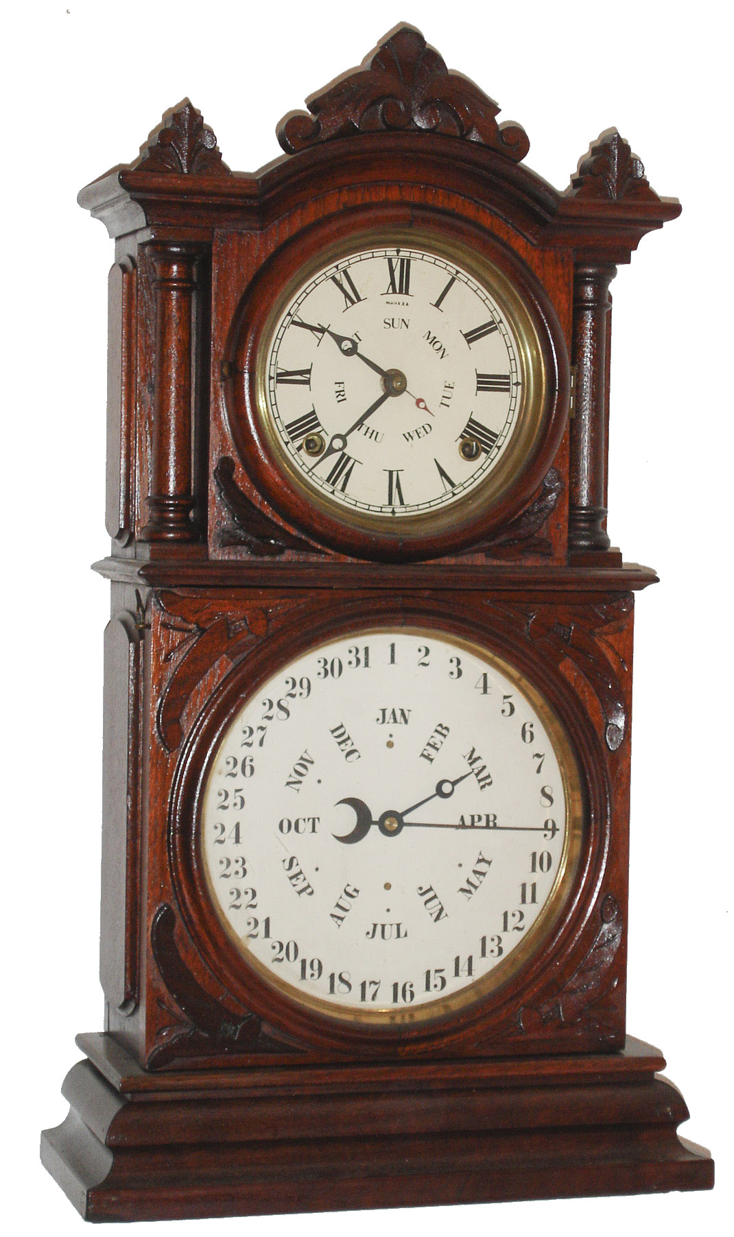 E. Ingraham &amp; Co., Bristol, Conn., "Ingraham Calendar" 8 day, time and strike, double dial calendar clock in walnut with a B.B. Lewis calendar mechanism, c1881. — Antique Clocks Price Guide