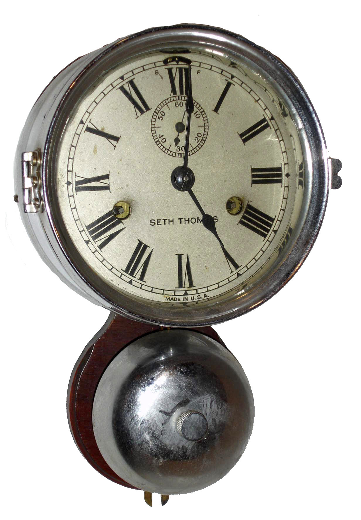 Seth Thomas Clock Co., Thomaston, Conn., nickel plate 30 hours, ship's bells outside bell marine hanging clock, c1910 — Antique Clocks Price Guide