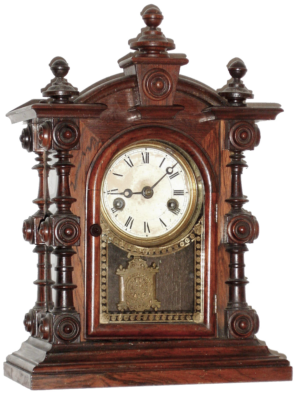 Welch, Spring, &amp; Co., Bristol, Conn., "Patti No. 2", shelf clock, 8 days, time only, double spring driven, nickel plated movement in a rosewood case with papered metal dial and silk screened front tablet and clear glass sides, c1889 — Antique Clocks Price Guide
