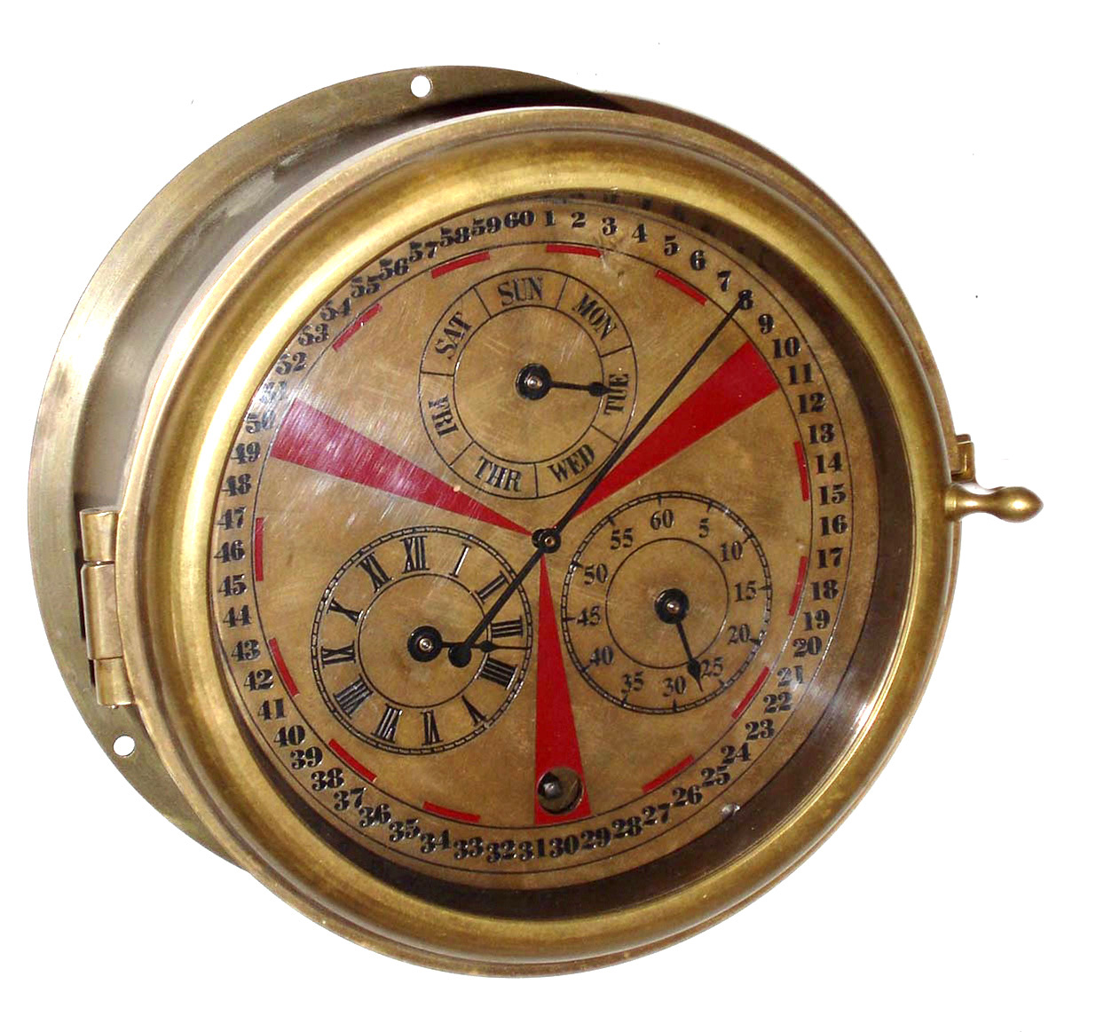 Marine clock, foreign-made modern but old style brass case 8 days, multi-dial hanging timepiece, c2000 — Antique Clocks Price Guide
