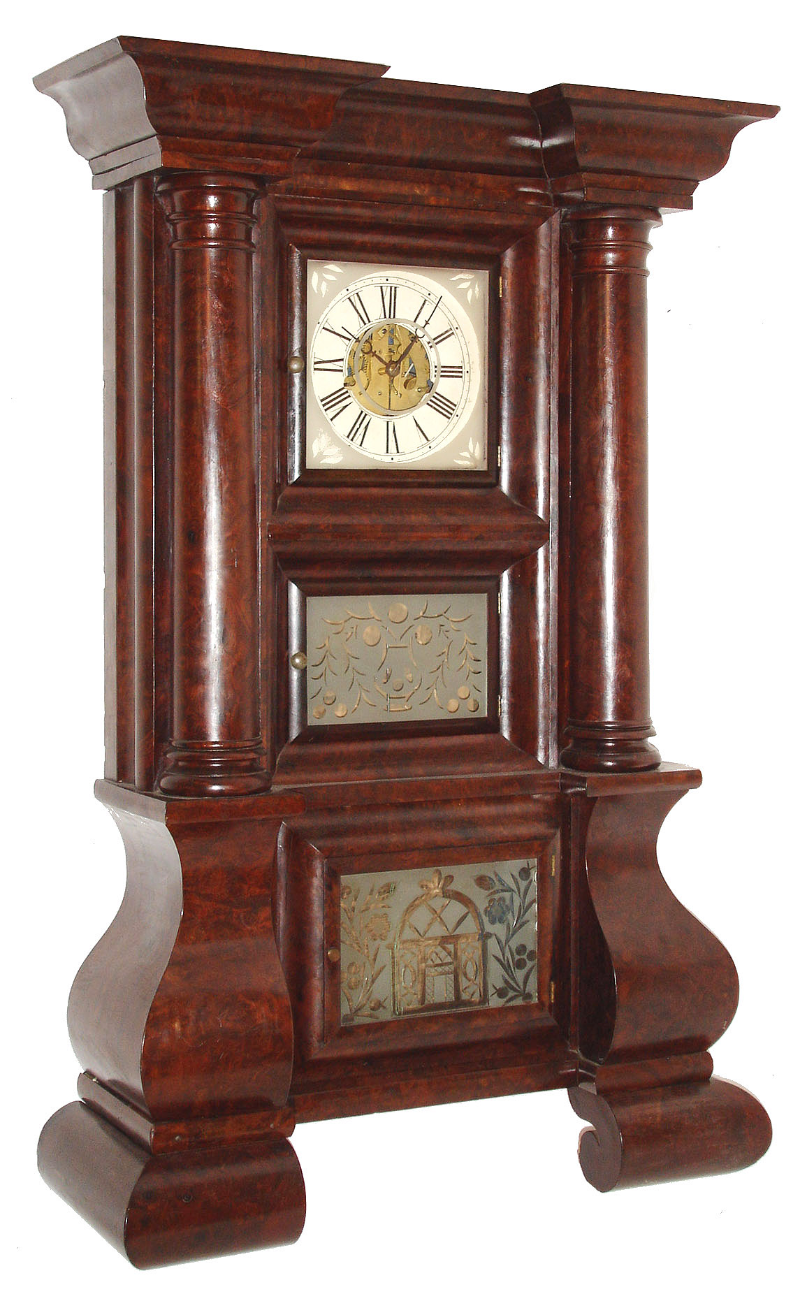 Forestville Manufacturing Co., Bristol, Conn.  J. C. Brown giant Empire 8 days, weight driven burled walnut veneer column and cornice shelf clock, c1845 — Antique Clocks Price Guide