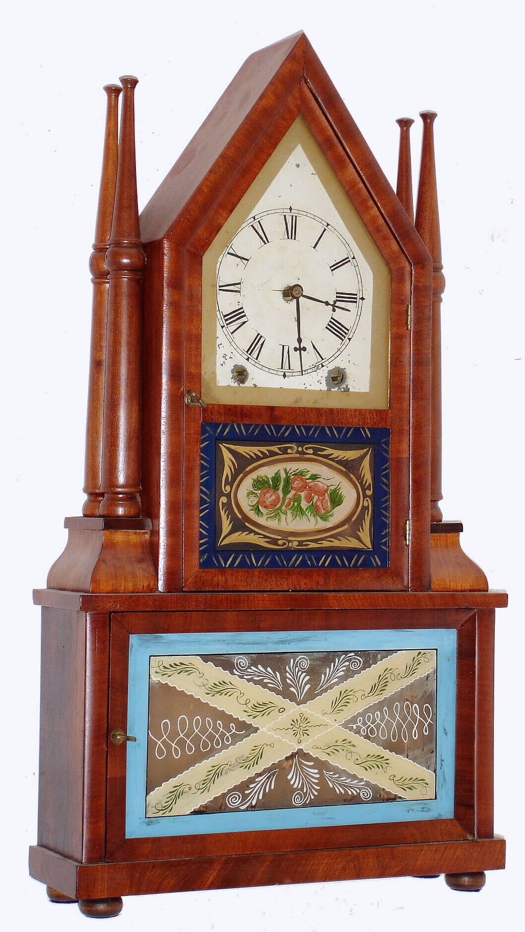 M. W. Atkins, Bristol, Conn., 8 day, time and strike, detached fusee movement steeple on frame with candle finials shelf clock. c1851 — Antique Clocks Price Guide