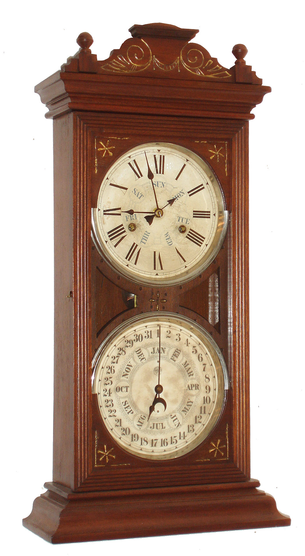 New Haven Clock Co., New Haven, Conn., "Register", 8 day, time and strike, double dial calendar clock in walnut with a B.B. Lewis calendar mechanism, c1880 — Antique Clocks Price Guide