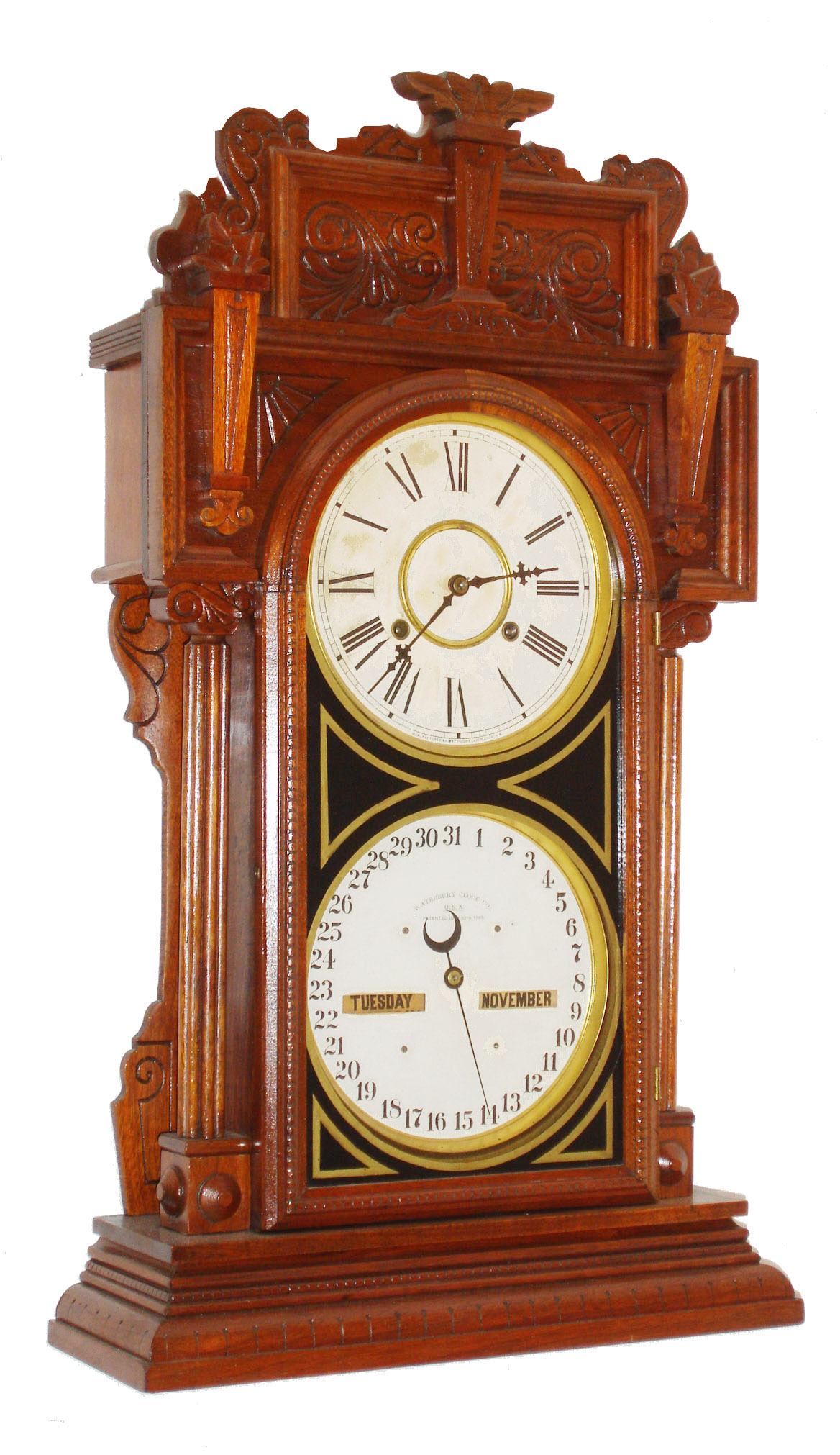 Waterbury Clock Co., Waterbury, Conn., "Calendar No. 43", 8 day, time and strike, double dial calendar clock in walnut, c1912 — Antique Clocks Price Guide