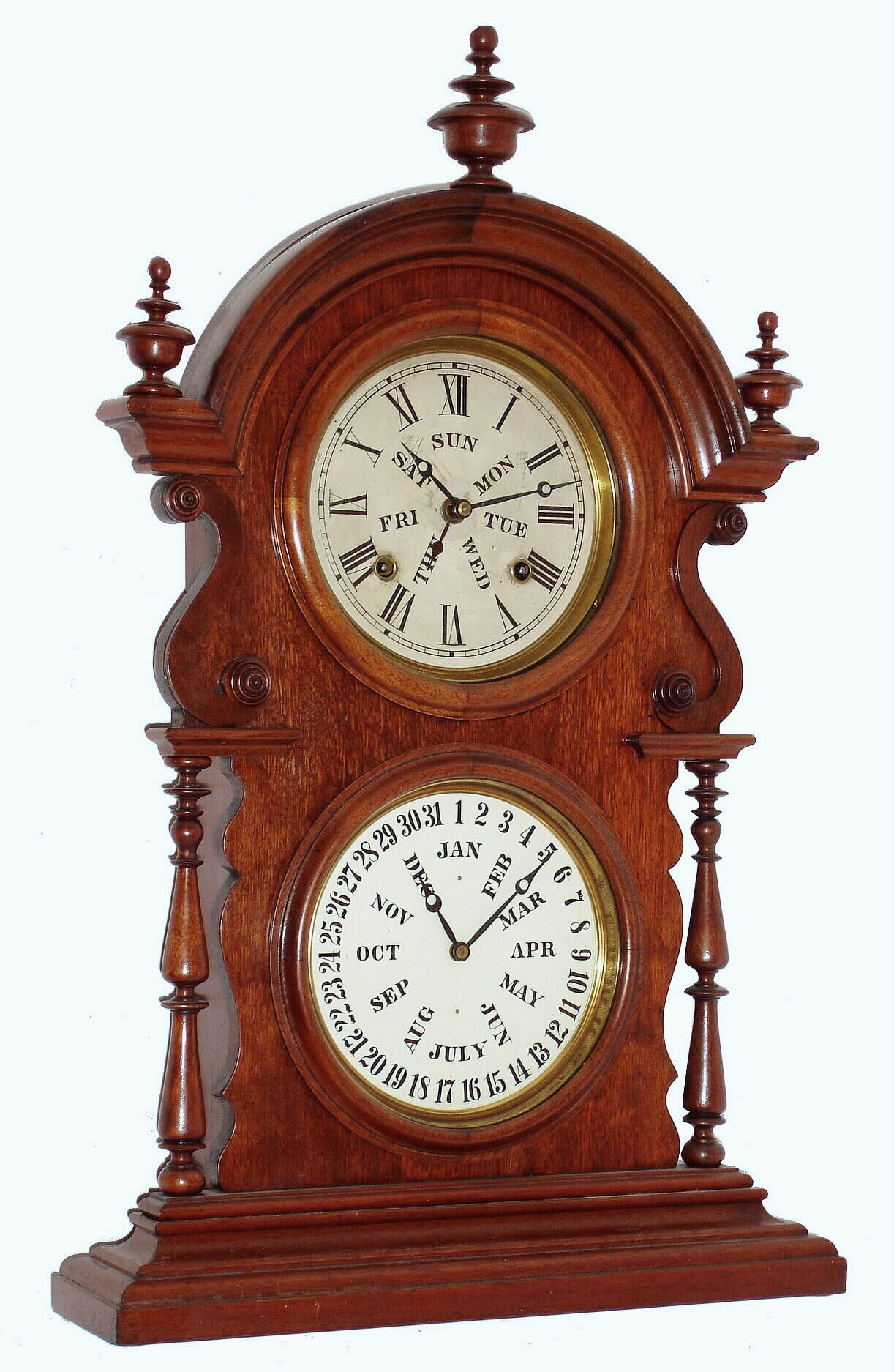 Welch, Spring &amp; Co., Forestville, Conn., "Wagner, B.W. Mantel", 8 days, time and strike, double dial calendar clock in walnut. c1878 — Antique Clocks Price Guide