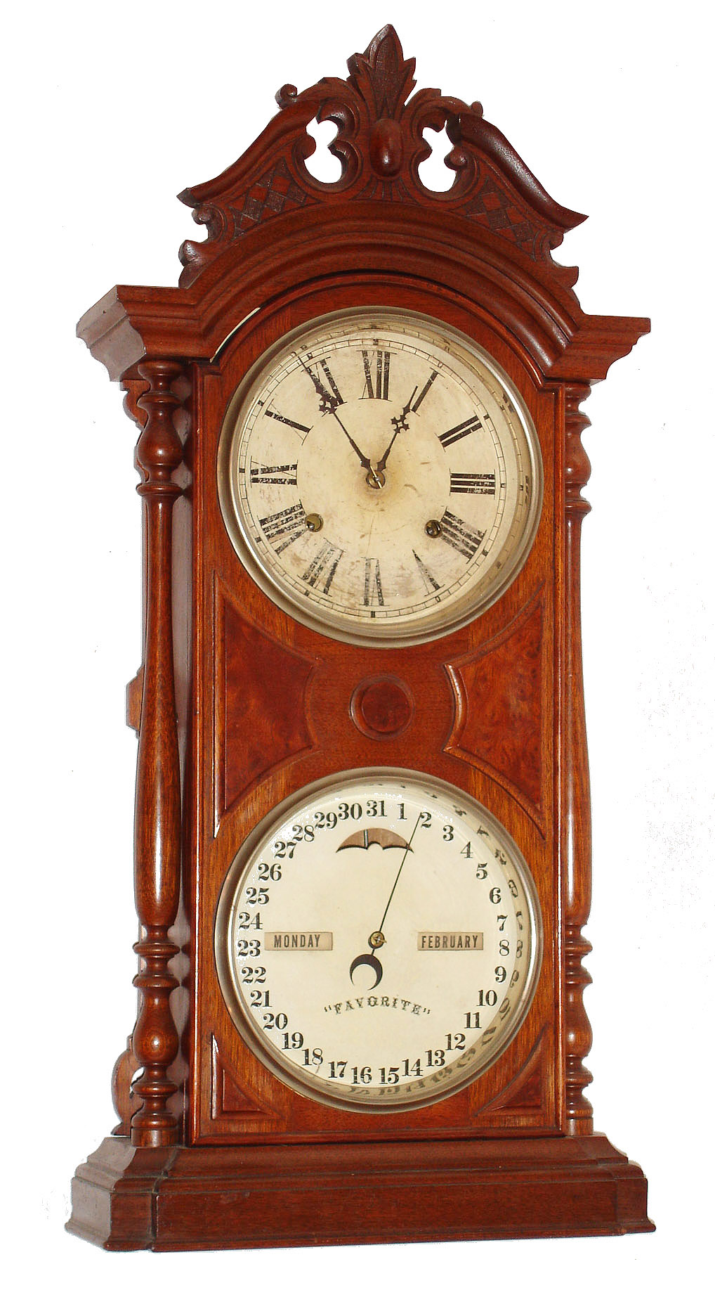 Ithaca Calendar Clock Co., Ithaca, New York, "No. 4 1/2 Favorite" variant  8 day, time and strike, double dial shelf clock in walnut with burl walnut accents. c1883 — Antique Clocks Price Guide