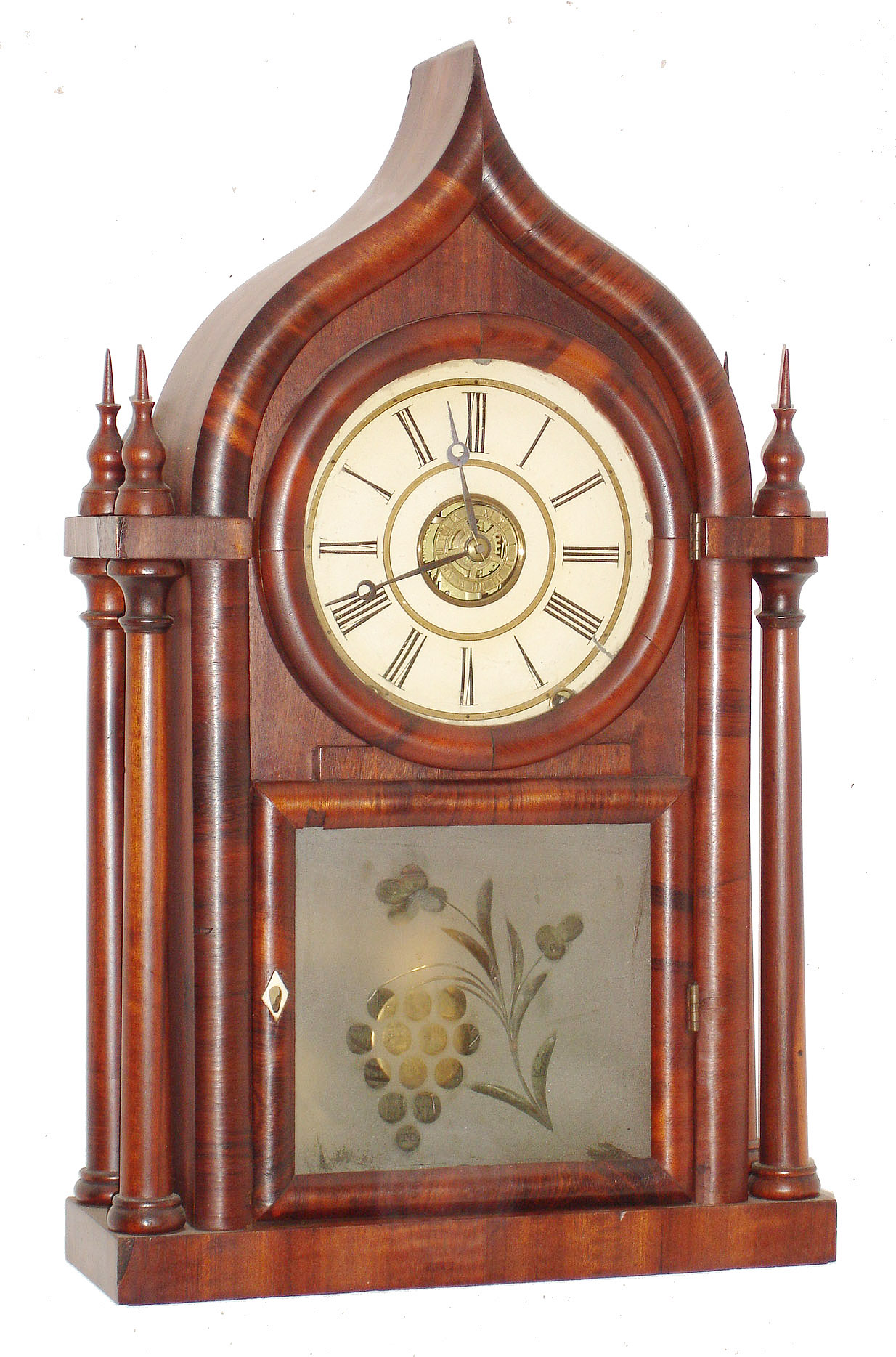 Brewster Manufacturing Co.,  Bristol,  Conn., 8 day, time, strike and alarm, four column O.G. Gothic or onion top shelf clock, c1853 — Antique Clocks Price Guide