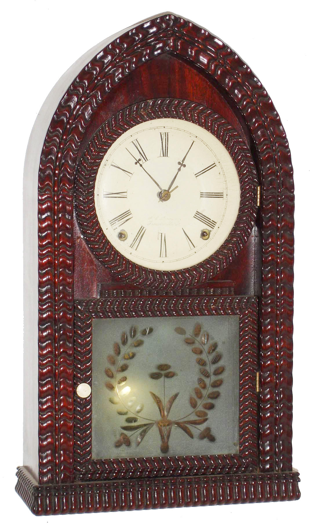 Forestville Manufacturing Co., J. C. Brown, Bristol, Conn., 8 day, time and strike,  full ripple round gothic or  beehive shelf clock, c1850 — Antique Clocks Price Guide