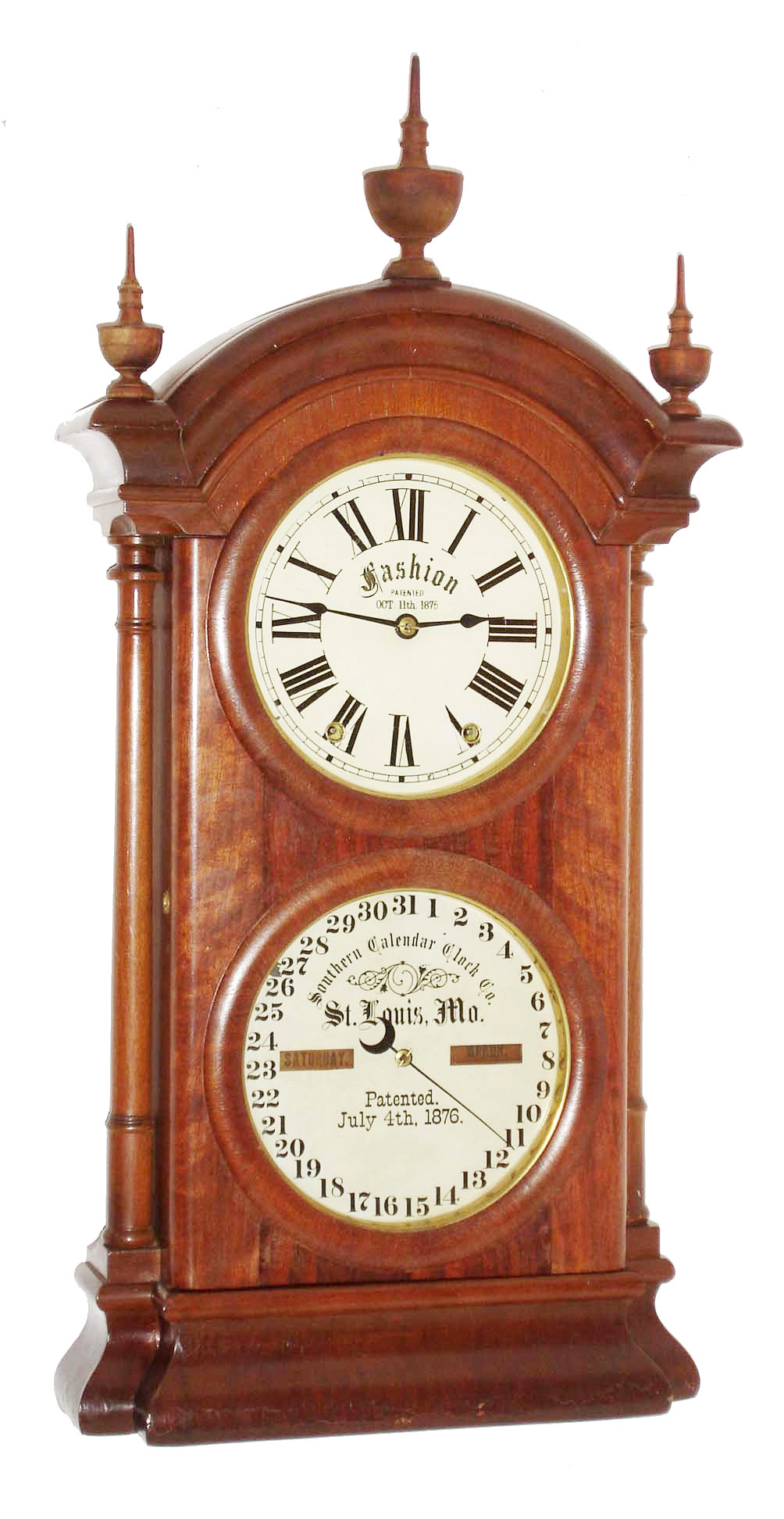 Southern Calendar Clock Company, St. Louis, MO, "Fashion No. 2", 8 days, time and strike, double dial calendar clock, c1876 — Antique Clocks Price Guide