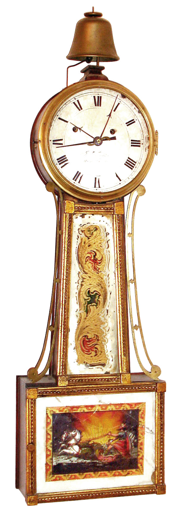 Israel F. Tappan, Manchester, Mass., "Banjo" wall clock, 8 day, time and alarm, weight driven movement with weight driven alarm striking on surmounted bell in mahogany case with gold leaf front and reverse painted throat and lower tablets and painted metal dial, c1820 — Antique Clocks Price Guide