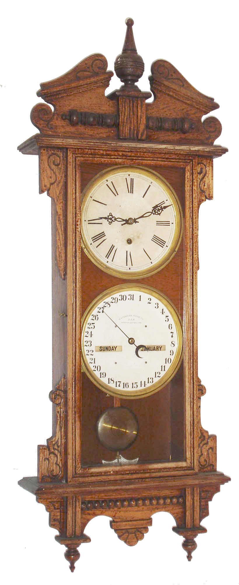 Waterbury Clock Co., Waterbury, Conn., "Calendar No. 33" 8 day, time and strike, double dial calendar clock in oak, c1908 — Antique Clocks Price Guide