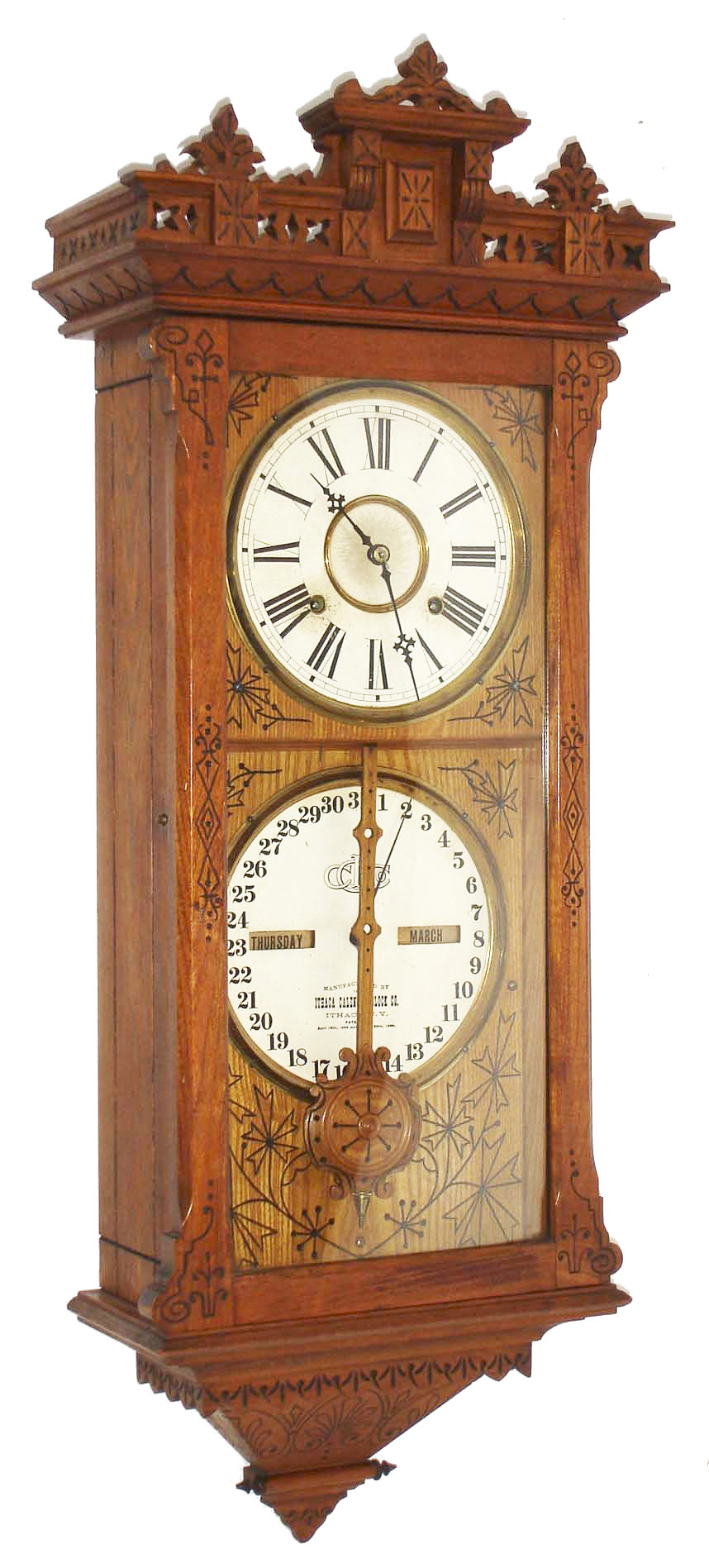 Ithaca Clock Co., Ithaca, NY, "No. 5 Ohm Hanging Belgrade", 8 day, time and strike, ash case, double dial calendar wall clock. C1880 — Antique Clocks Price Guide