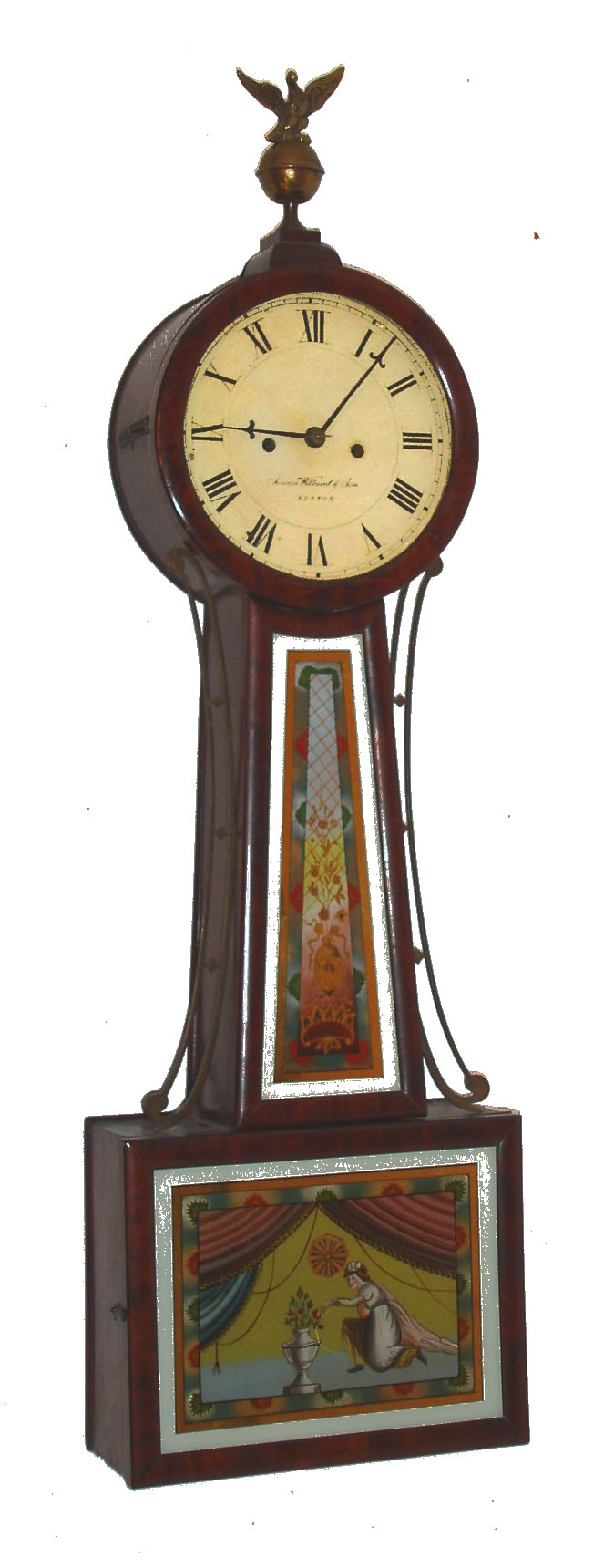 Simon Willard &amp; Son, Boston, Mass., banjo wall clock, 8 day, time, bell strike and alarm, two weight driven movement in a mahogany case with reverse painted throat and lower tablets and painted metal dial, c1828 — Antique Clocks Price Guide