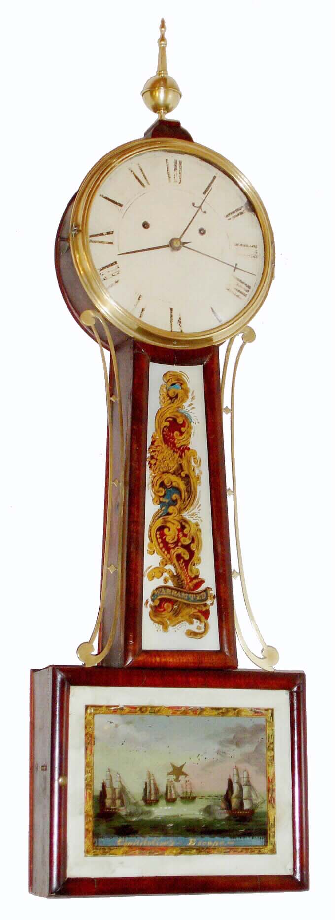 Unknown, possibly New Hampshire, patent or banjo wall clock, 8 days, time and alarm, weight driven movement with weight alarm in a mahogany case with reverse painted tablets and painted metal dial, c1825 — Antique Clocks Price Guide