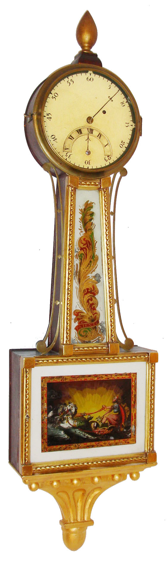 New England banjo wall clock, variant, 8 days, time only, weight driven movement in a mahogany case with gold leafed front, reverse painted throat and lower tablets and painted metal dial with rare indication of hours on a rotating disc, behind a crescent opening, c1820 — Antique Clocks Price Guide