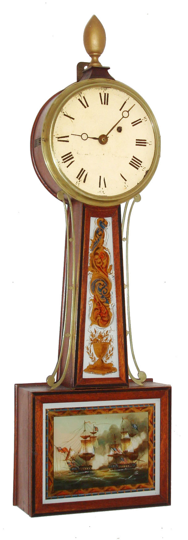 Wm. Cummens, Roxbury, Mass., banjo wall clock, 8 days, time only, weight driven banjo with T-bridge suspension in cross banded mahogany case with reverse painted throat and lower tablets and painted metal dial, c1815 — Antique Clocks Price Guide
