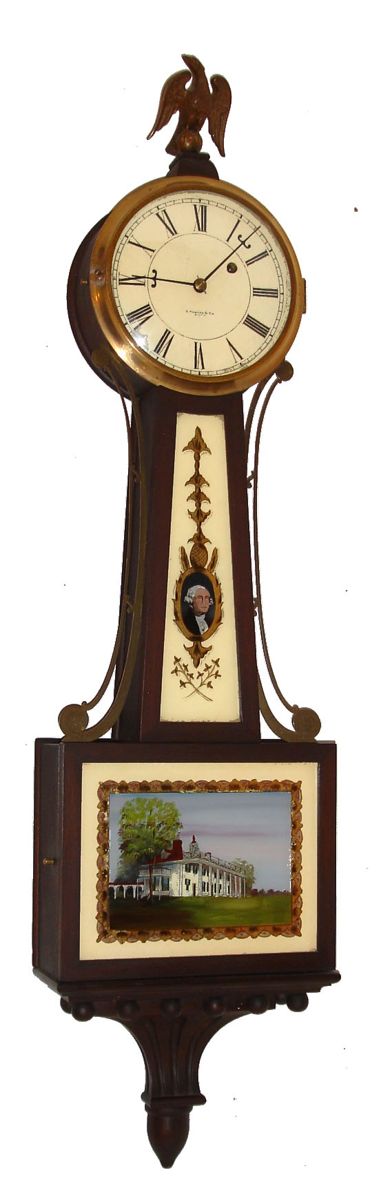 E. Howard &amp; Co., Boston, Mass., "No. 95 Banjo" wall clock, 8 days, time only, weight driven movement in a mahogany case with reverse painted throat and lower tablet depicting George Washington and Mt. Vernon and painted metal dial signed "E. HOWARD &amp; Co. BOSTON", c1923 — Antique Clocks Price Guide