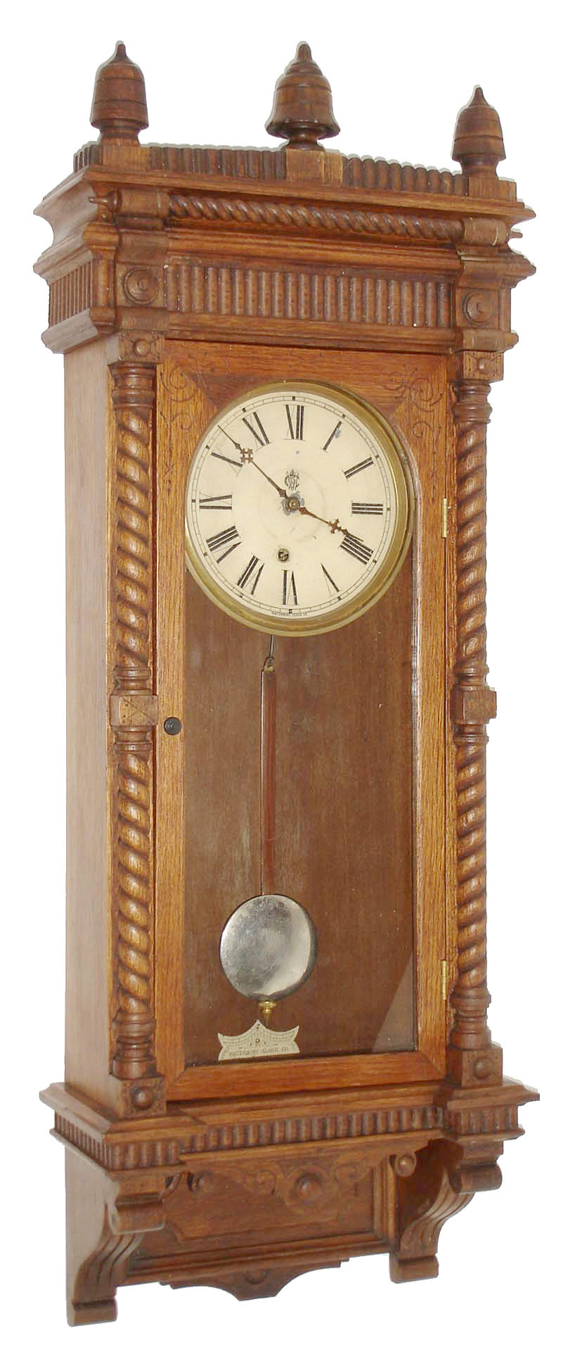 Waterbury Clock Co., Waterbury, Conn., "Perth" 8 day, oak wall timepiece, c1893 — Antique Clocks Price Guide