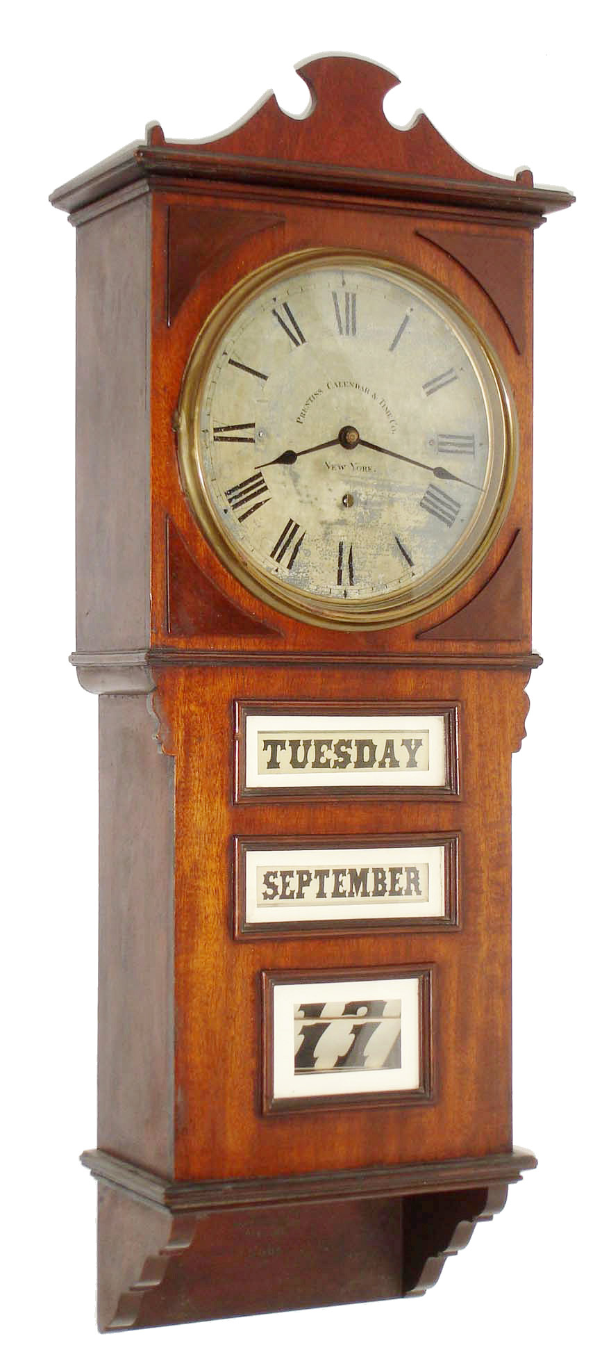 Prentiss Improvement Clock Co., New York, "Empire with Calendar", 30 day, wall calendar timepiece, single winding arbor winds both springs at the same time, c1897 — Antique Clocks Price Guide