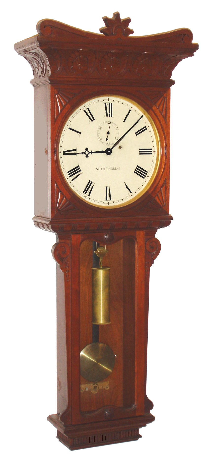 Seth Thomas Clock Co., Thomaston, Conn., "Regulator No. 7" (long version) wall clock, 8 days, time only, weight driven movement in a walnut case, dated 1888 — Antique Clocks Price Guide