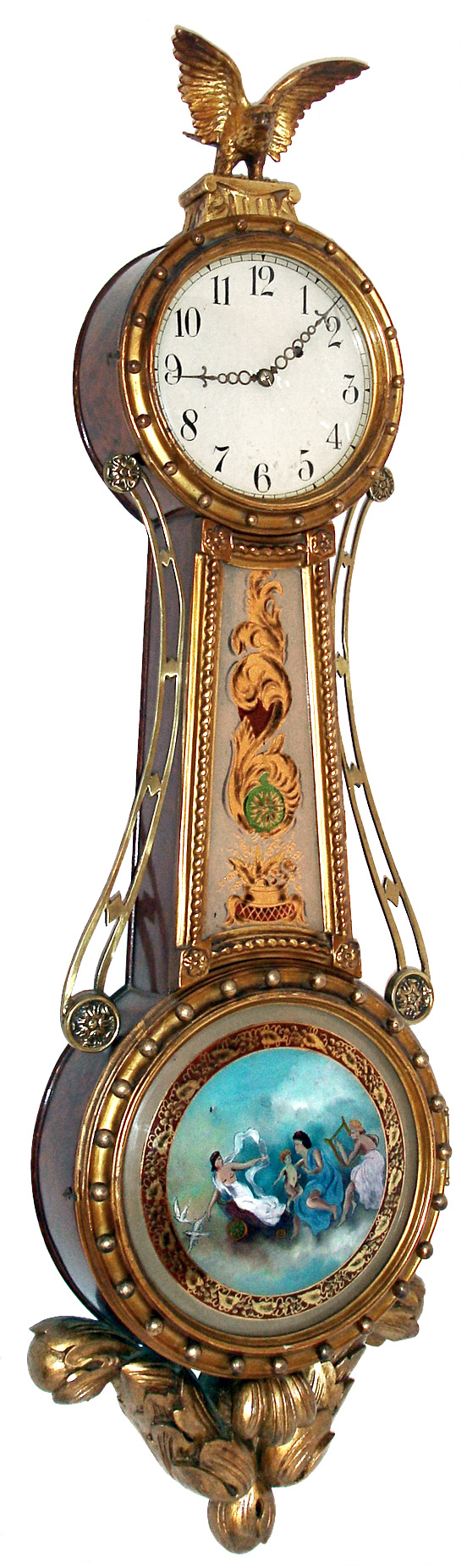 "Girandole" reproduction wall clock, 8 days, time only, weight driven movement in a gold leafed and gold painted mahogany case with painted metal dial and reverse painted throat and lower tablets, c1910 — Antique Clocks Price Guide