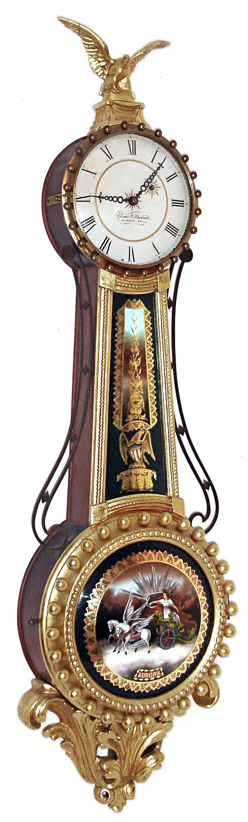 Elmer O. Stennes, Weymouth, Mass., "Girandole" wall clock, 8 days, time only, weight driven movement in a gold leafed mahogany case with painted metal dial and convex reverse painted throat and lower tablets, dated 1961, serial #3 — Antique Clocks Price Guide