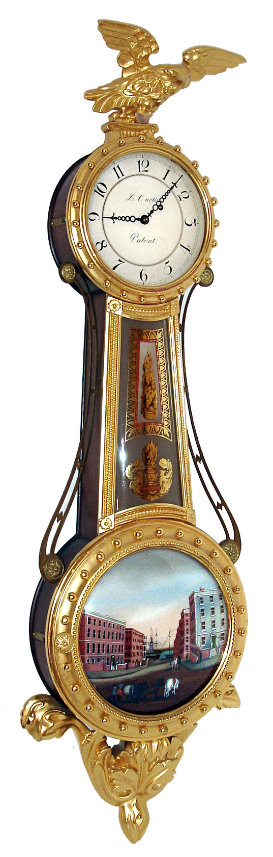 Ted Burleigh, Winchester, Mass., "Girandole" wall clock, 8 day, time only, weight driven movement in gold leafed mahogany case with reverse painted convex throat and lower tablets and painted metal dial, dated 1976, serial #7 — Antique Clocks Price Guide