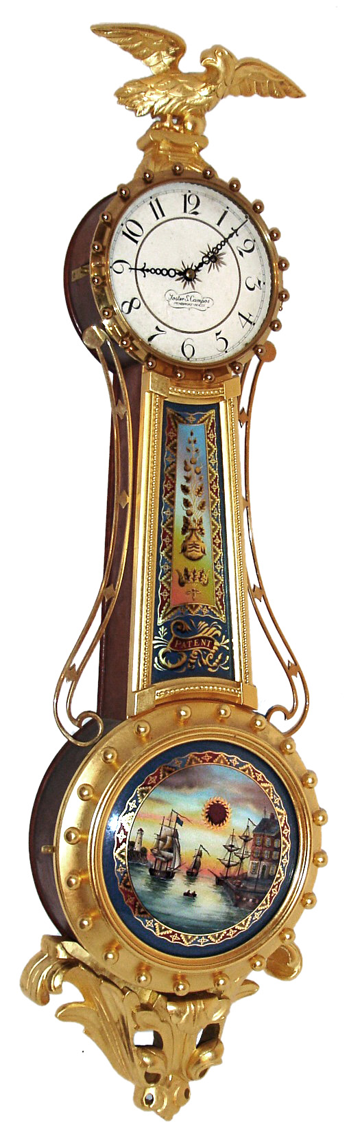Foster Campos, Pembroke, Mass., "Girandole" wall clock, 8 days, time only, weight driven movement in a gold leafed mahogany case with painted metal dial and convex reverse painted throat and lower tablets, dated 2000, serial #3 — Antique Clocks Price Guide
