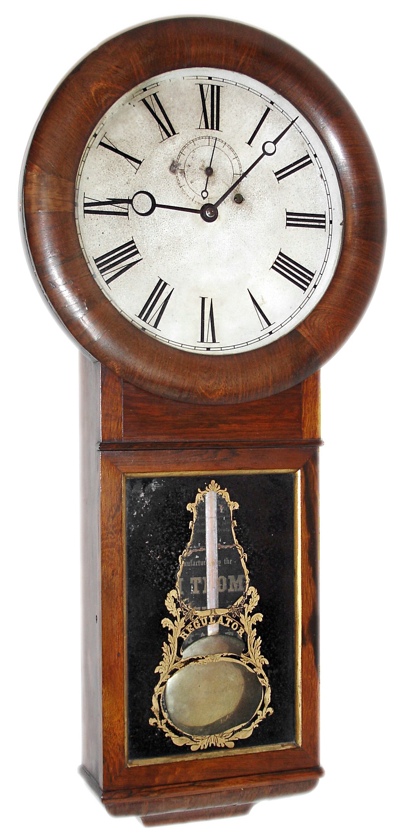 Seth Thomas Clock Co., Thomaston, Conn., "Regulator No. 1", wall clock, 8 days, time only, weight driven movement in a rosewood veneer case with painted metal dial, c1870 — Antique Clocks Price Guide