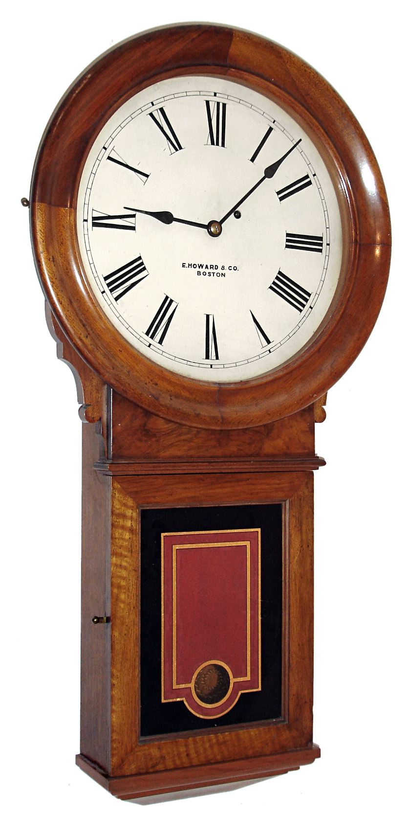 E. Howard &amp; Co., Boston, Mass., "No. 70 Regulator" with 14" dial, wall clock, 8 days, time only, weight driven movement in a walnut case with burled bow tie, painted metal dial and reverse painted lower tablet, c1890 — Antique Clocks Price Guide
