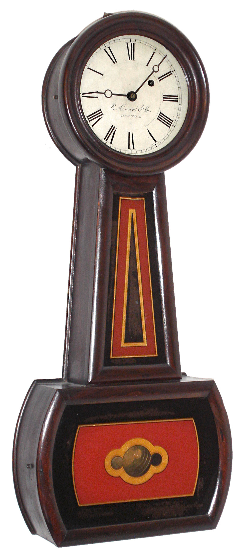 E. Howard &amp; Co., Boston, Mass., "No. 5 Regulator", banjo wall clock, 8 days, time only, weight driven movement in a rosewood grained cherry case with a painted metal dial and reverse painted tablets, c1880 — Antique Clocks Price Guide