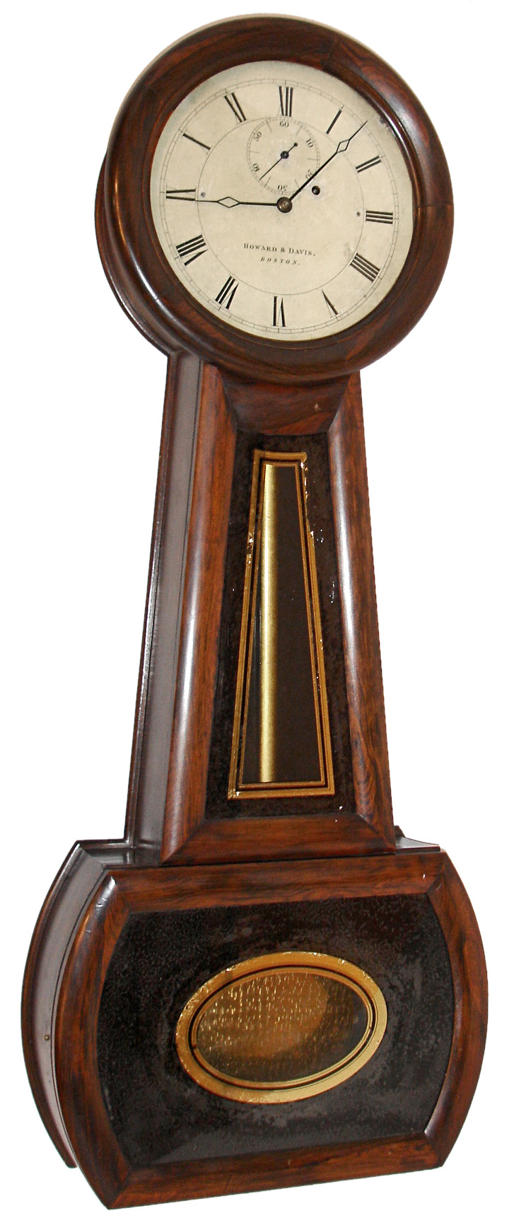 Howard &amp; Davis, Boston, Mass., "No. 1 Regulator" banjo wall clock, 8 days, time only, weight driven movement in a rosewood grain painted cherry case with paper over zinc dial, reverse painted tablets and damascene pendulum bob, c1860 — Antique Clocks Price Guide