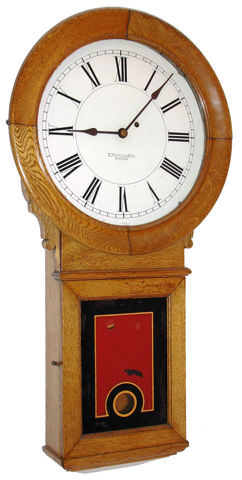 E. Howard &amp; Co., Boston, Mass., "No. 70 Regulator" with 14" dial, wall clock, 8 days, time only, weight driven movement in an oak case with painted metal dial and reverse painted lower tablet, c1890 — Antique Clocks Price Guide
