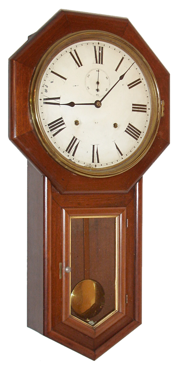Seth Thomas Clock Co., Thomaston, Conn., "World", wall clock, 8 days, time and strike, spring driven movement in a mahogany case with painted metal dial and gold leafed trim around lower glass, dated1890 — Antique Clocks Price Guide