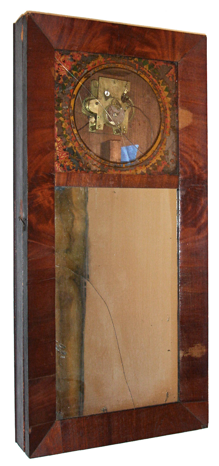 Abiel Chandler, Concord, NH, New Hampshire mirror clock (no dial nor hands), 8 days, time and alarm, weight driven "rat trap" movement in a mahogany veneer case with reverse painted upper glass and lower mirror tablet, c1830 — Antique Clocks Price Guide