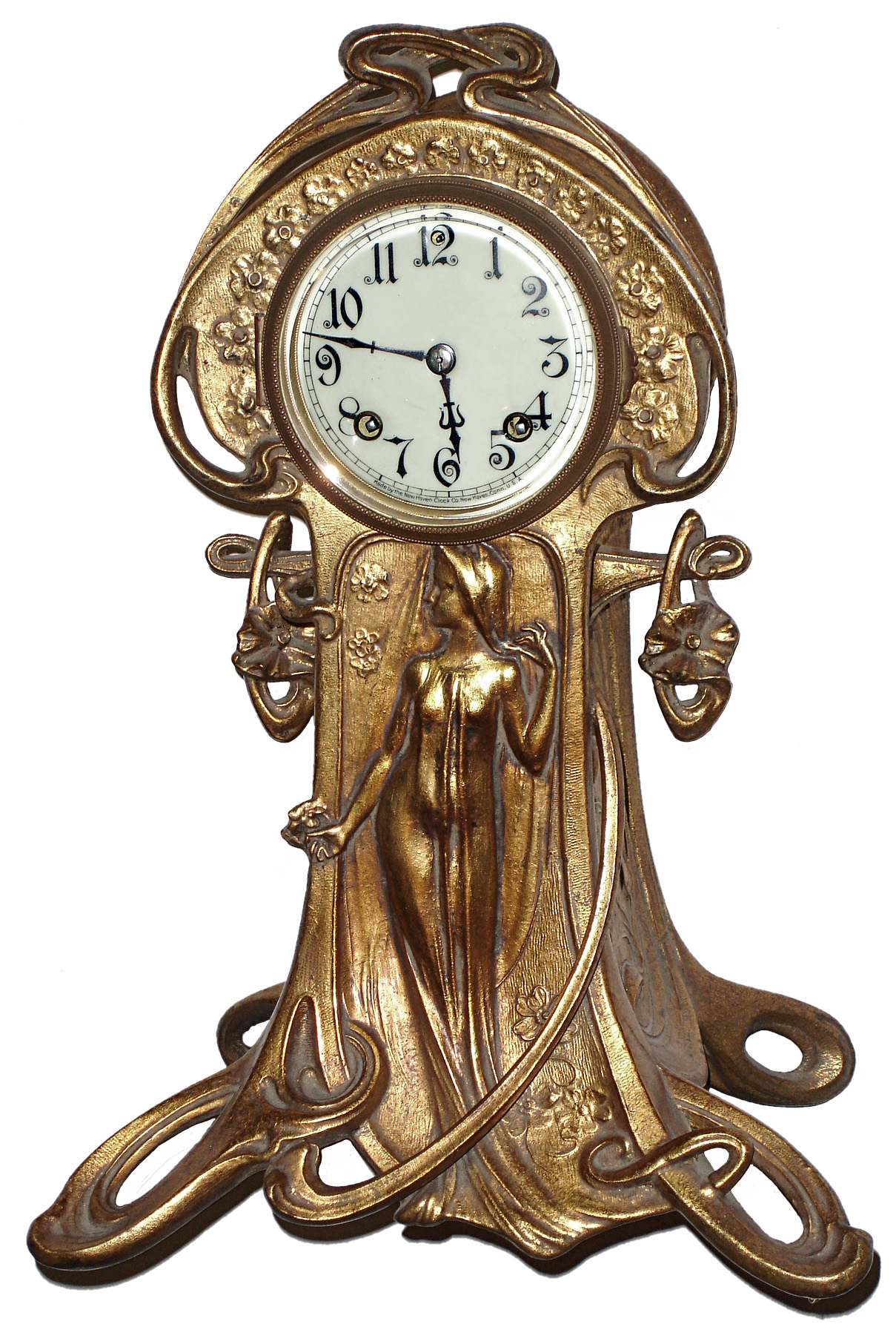 New Haven Clock Co., New Haven, Conn. "Ophelia" gold plate cast metal Art Nouveau 8 days, time and strike, shelf clock, c1913 — Antique Clocks Price Guide