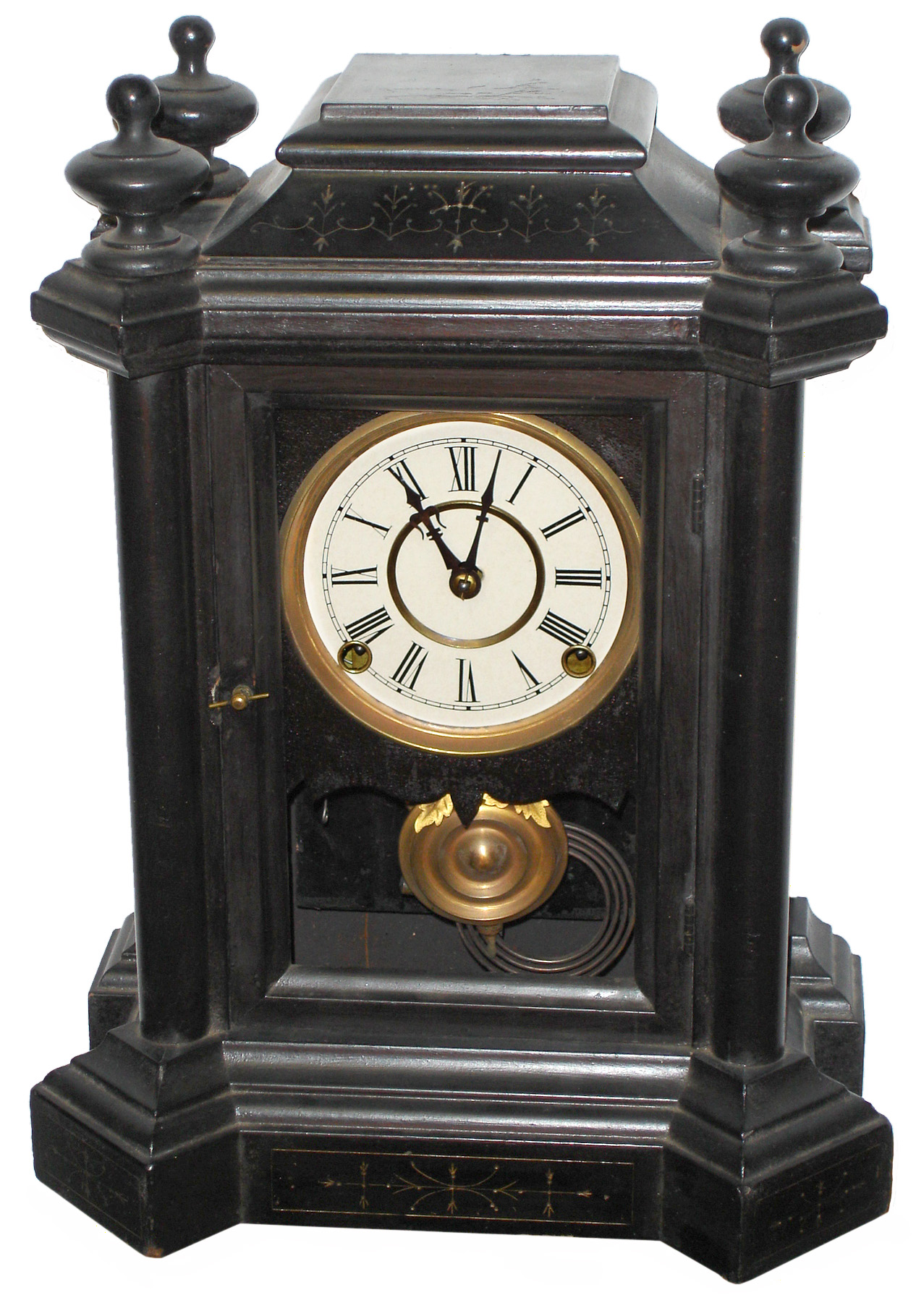 E. Ingraham Co., Bristol, Conn., "Domino" 8 days, time and strike, black painted wood mantel clock. c1885 — Antique Clocks Price Guide