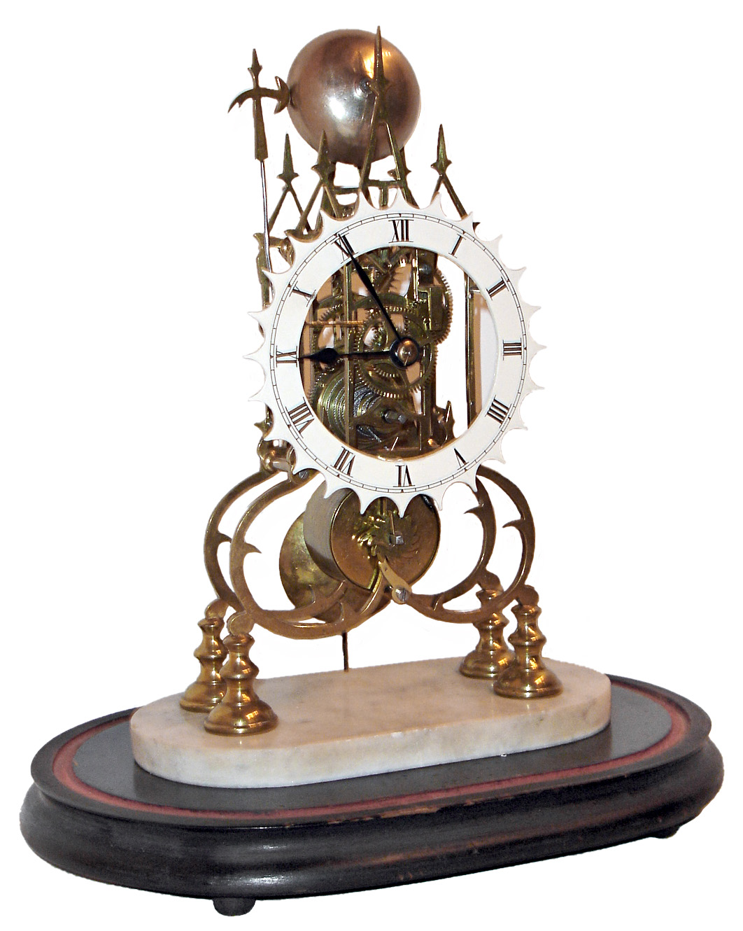 English skeleton clock, 8 days, fusee spring driven movement with pendulum and passing strike on the hour, mounted on oval marble base set on wooden base (no dome), c1870 — Antique Clocks Price Guide
