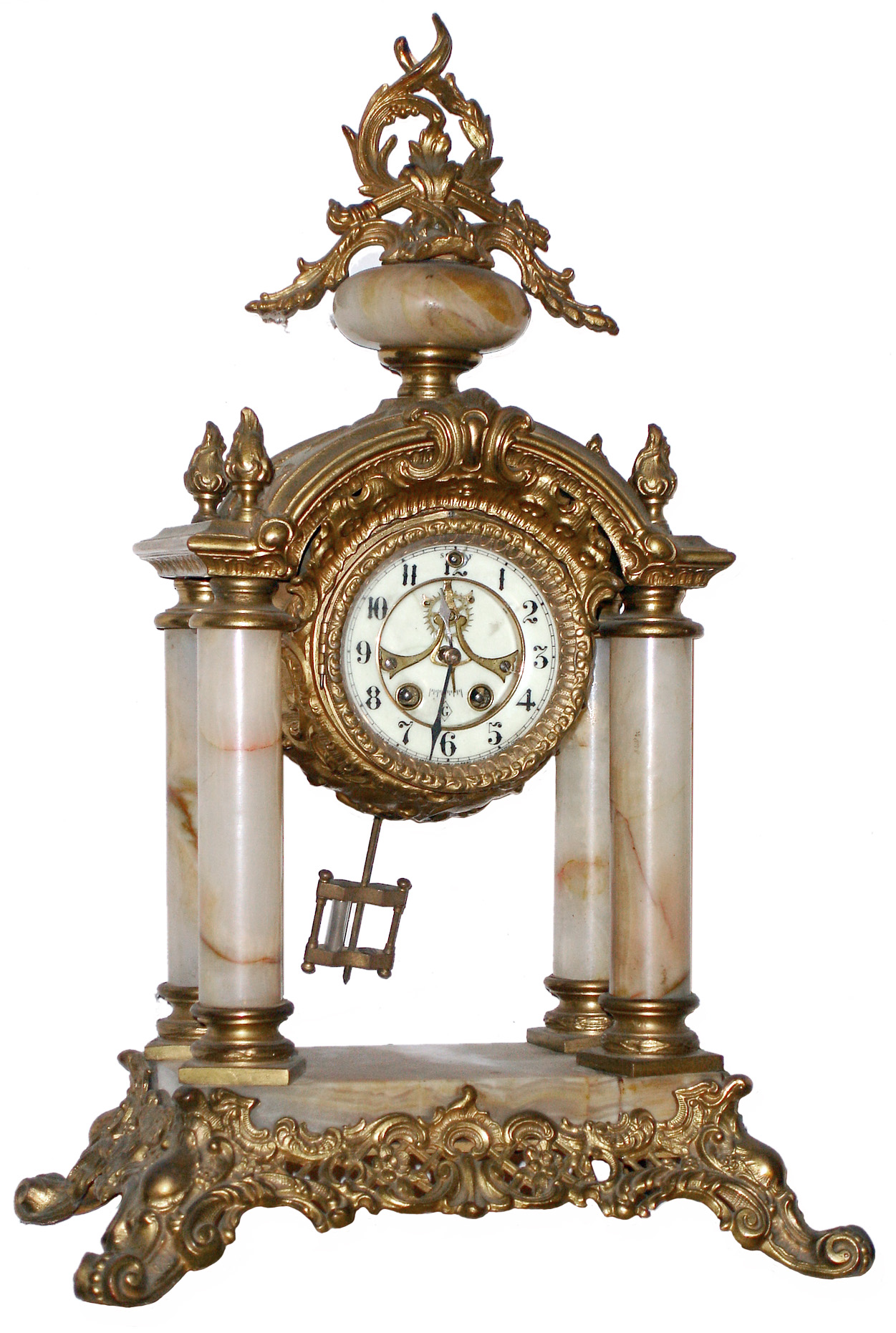 Wm. L. Gilbert Clock Co., Winsted, Conn., "Tuscan" gold plate cast brass and onyx 8 days, time and strike, mantel clock with visible escapement, c1913 — Antique Clocks Price Guide