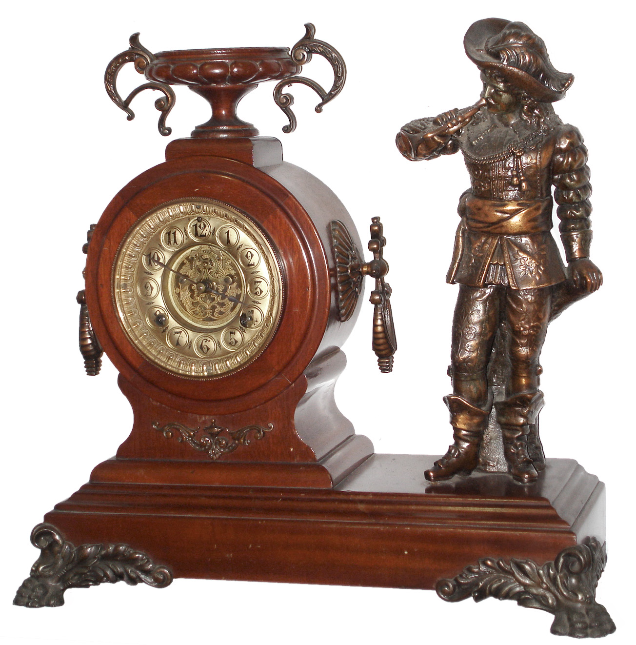 Waterbury Clock Co., Waterbury, Conn., mahogany 8 days, time and strike, mantel clock with "Saxon" figure, visible escapement, c1893 — Antique Clocks Price Guide