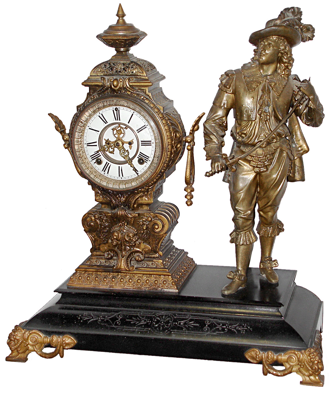 Ansonia Clock Co., Brooklyn, New York, "Don Juan" 8 days, time and strike, cast iron figural mantel clock with visible escapement, c1894 — Antique Clocks Price Guide