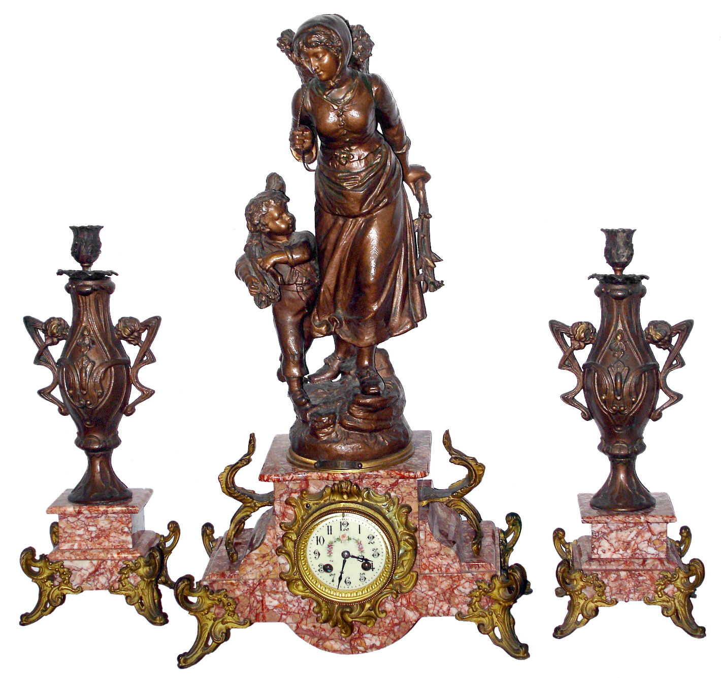 French marble and cast metal garniture set: 8 days, time and strike, clock with figures titled "Retour Du Bois"; two urn candlestick sidepieces, c1880 — Antique Clocks Price Guide